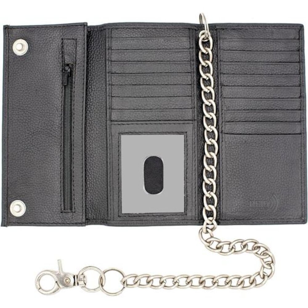 Long Trifold Chain Wallet for Men, Leather Checkbook Cover, RFID Blocking chain
